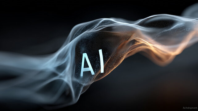 Glowing AI abbreviation on futuristic abstract particle wave. Modern artificial intelligence technology concept, innovative global server network and machine learning design.