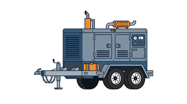 Industrial mobile generator trailer with dual axles and control panel on isolated white background