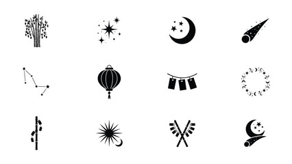 Detailed icon set containing traditional bamboo trees lanterns constellations and moons. © Rahul