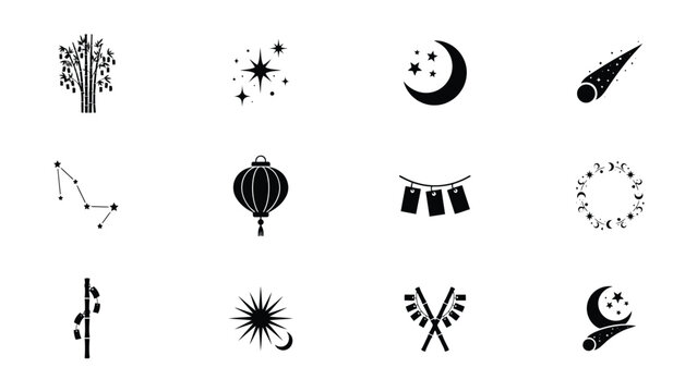 Detailed icon set containing traditional bamboo trees lanterns constellations and moons.