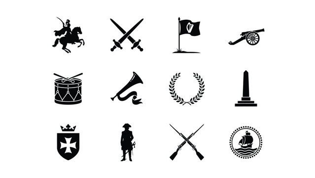 Medieval knight on horse crossed swords Irish flag cannon laurel wreath obelisk drum.