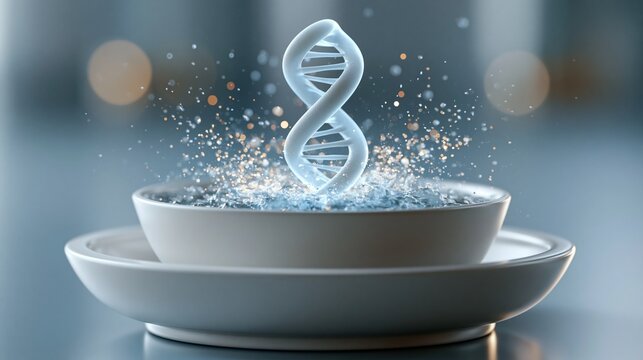 3D render of a glowing DNA double helix rising from a stylized cryopreservation storage tank, surrounded by floating particles of light, soft blue and white color palette