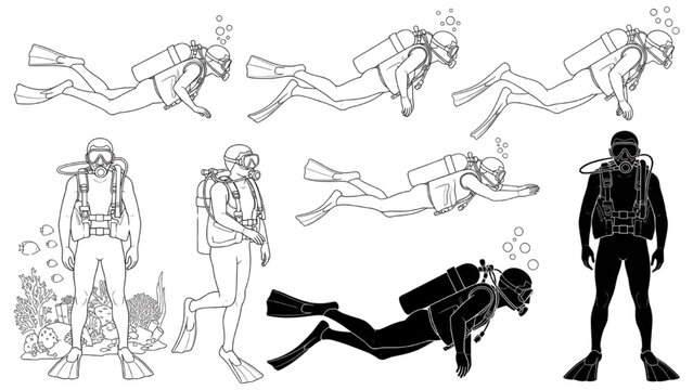 Set of illustrations of scuba divers in various poses underwater. The collection includes both line art and silhouette depictions of divers exploring the ocean