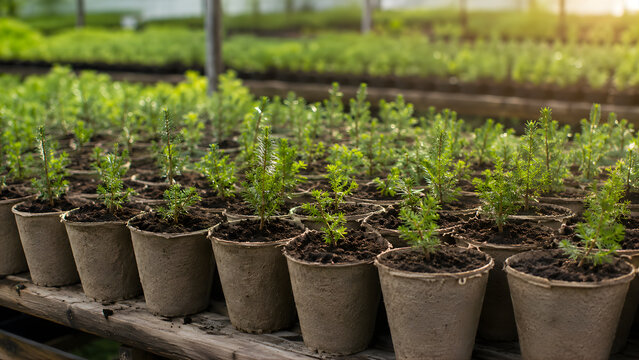 Young pine tree seedlings in peat pots growing in a greenhouse