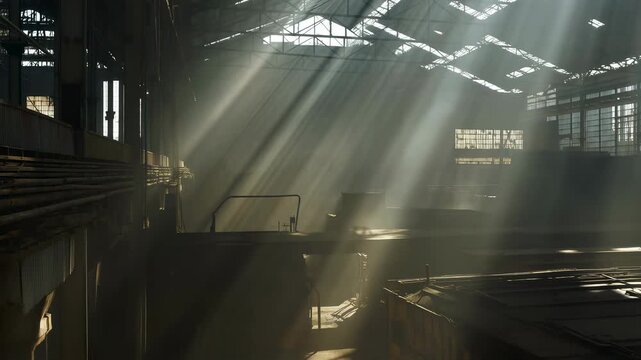 Sunlight streaming through an industrial warehouse, creating dramatic shadows and highlighting the space's raw architecture. A representation of industrial beauty and nostalgia