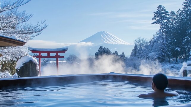 Man bathing in outdoor onsen with Mount Fuji view. Young male in hot spring pool, steam rising, red torii gate and snowy trees, winter travel and wellness in Japan.