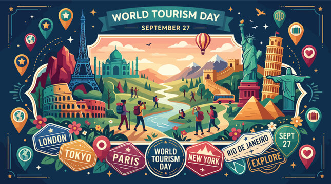 World Tourism Day Travel Landmarks Poster.