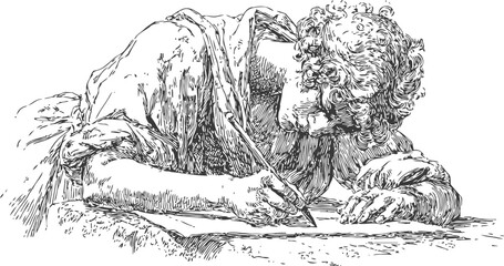 Obraz premium Vintage engraving of young woman writing at desk with quill pen detailed drawing