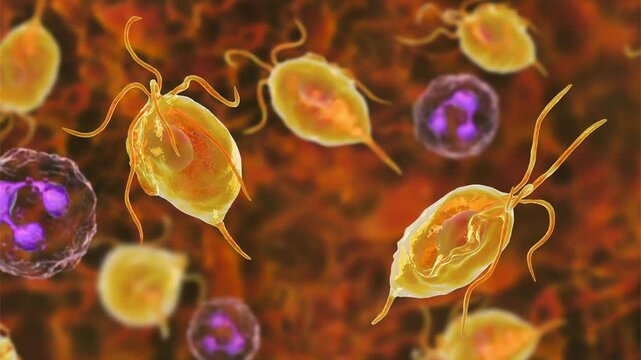 Trichomonas vaginalis trophozoites, 3D animation showing slowly rotating flagellated protozoa, illustrating sexually transmitted parasitic infection.