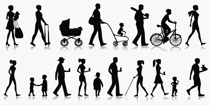 People Silhouettes Walking Holding Hands And With Mobility Aids