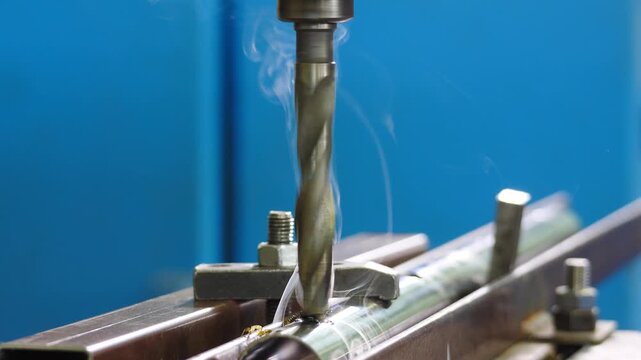 Metal working. Drill machine drilling hole with circular motion with silver metal shavings and steam. steel machining process. engineering, industrial manufacturing, metalworking. 4k video