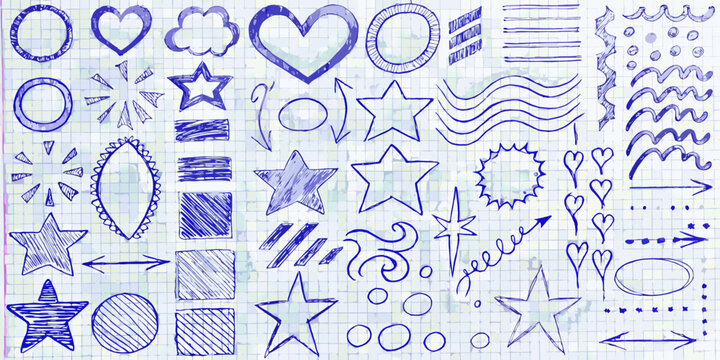 Hand drawn doodles and scribbles blue ink on lined paper background