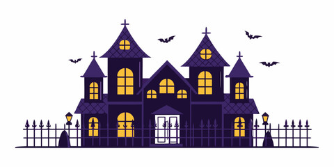 Cartoon haunted house illustration with turrets and illuminated windows © Juran