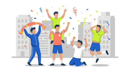 Fototapeta premium Excited football fans celebrating a team victory with cheering and arms raised after a thrilling soccer match football celebrating cheering supporters happiness lifestyle