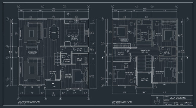 Detailed architectural floor plans for ground and upper levels of a villa