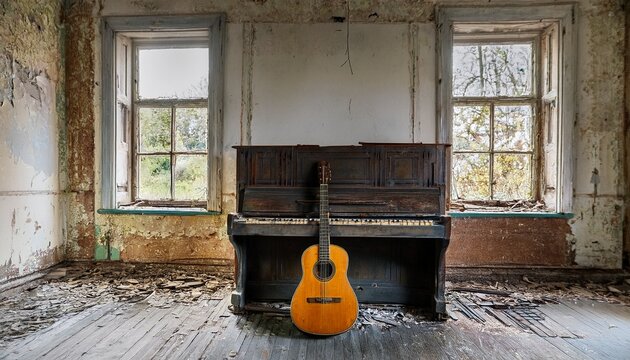 a worn acoustic guitar rests against a weathered piano in an abandoned rustic room with peeling paint and broken windows