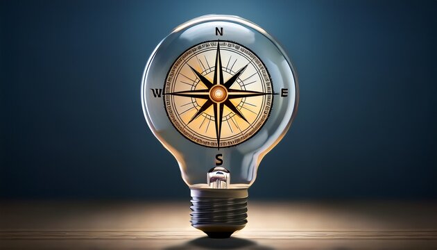 a light bulb with a compass inside denoting navigation and direction in ideation