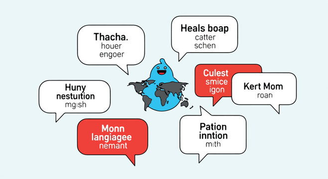 A blue cartoon globe with a smiling face surrounded by speech bubbles