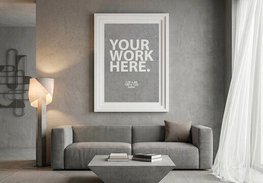 Vertical Poster in wide Frame Mockup hanging on wall in minimalistic interior
