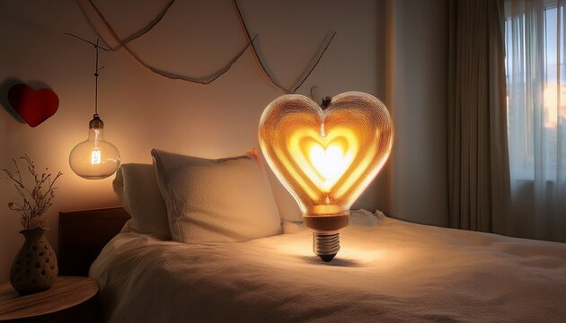 an illuminated vintage light bulb featuring a heart shaped glowing light is suspended in a dimly lit room with a bedsheet and a faint heart shaped design in the background
