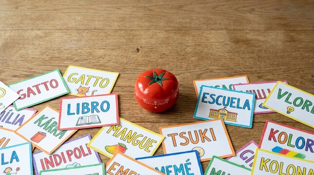 Various foreign language learning flashcards with words like 'Gatto', 'Libro', 'Escuela' and 'Tsuki' scattered around a red tomato on a wooden surface
