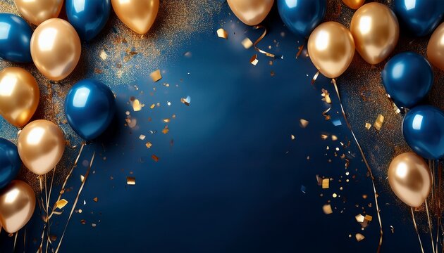 blue and gold balloons with confetti on a navy background