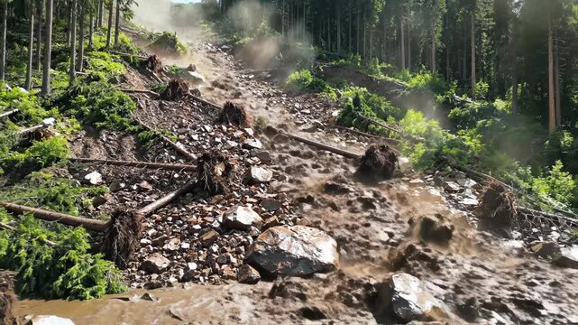 Mudslide in forested mountain area