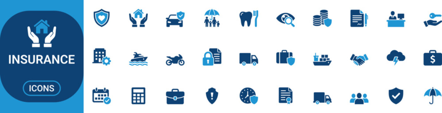 Collection of blue and white insurance on white background shield heart house