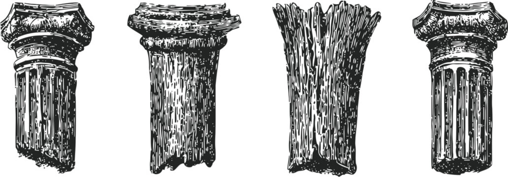 ancient classical engraved stone column capitals and bases set