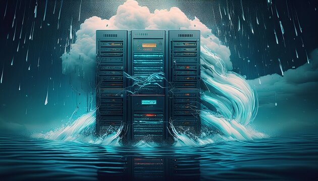 a server rack in a data center being overwhelmed with a flood representing a ddos cyberattack
