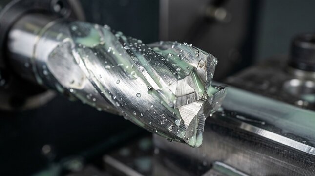 Close-up macro shot of a metal milling cutter tool with coolant drops in a machining workshop