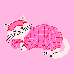 Fototapeta premium Sleepy Cat Wearing Pajamas and Eye Mask