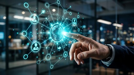 Fototapeta premium Businessman interacting with futuristic global network interface in modern office