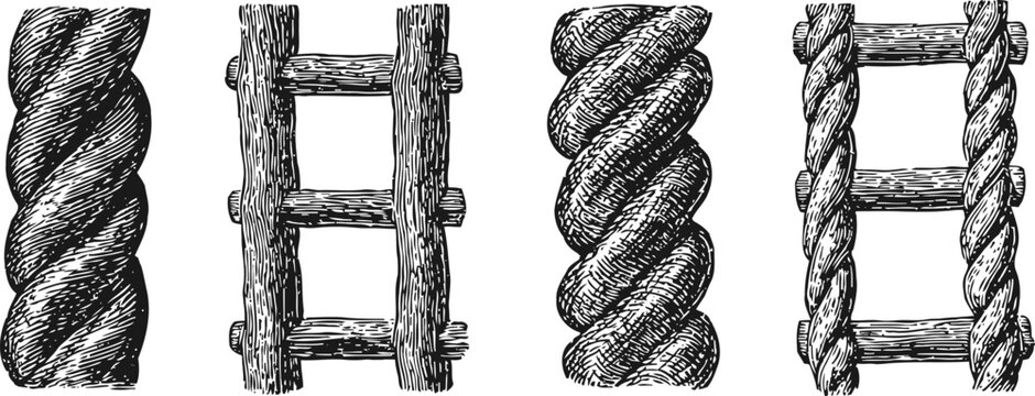 hand drawn rustic wood ladder and twisted rope sketches set