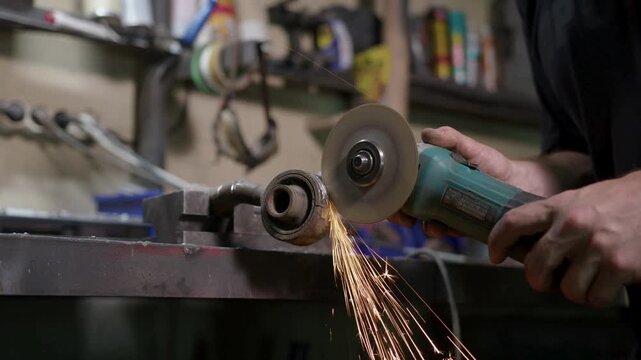 Worker cuts rusted exhaust pipe in vise with angle grinder sparks flying
