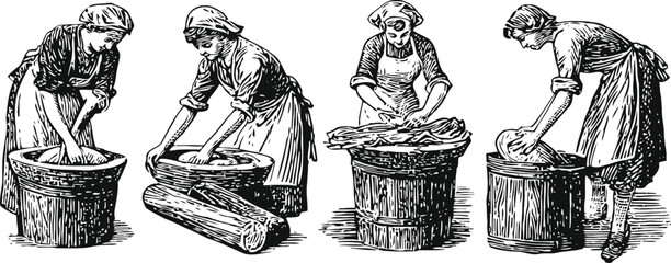 Obraz premium vintage engraving of women washing clothes by hand using wooden tubs and washboards