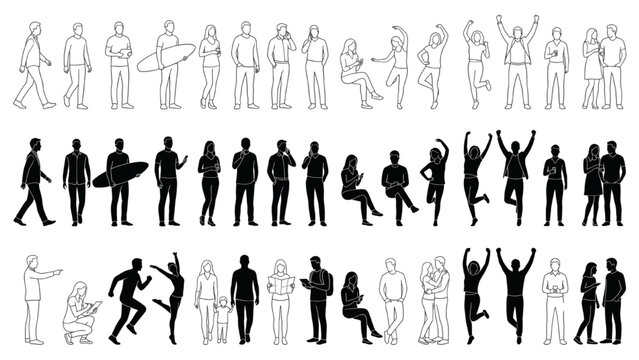 A collection of diverse human silhouettes in various poses, showcasing activities from walking to dancing, presented in both outline and solid forms