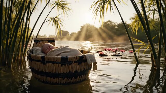 Newborn baby peacefully sleeping in a woven basket gently floating among water lilies and reeds on a misty river at sunrise, warm sunlight casting golden rays across tranquil water
