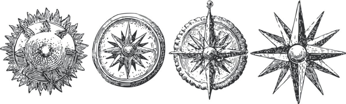 vintage compass rose designs nautical navigation wind direction symbols engraving set