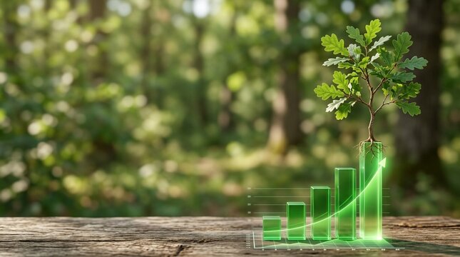 Green oak sapling growing from a rising bar chart on a wooden table, symbolizing business growth and financial success in nature