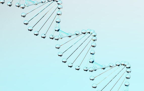 3D Glass DNA Double Helix Strand with Glossy Ball Nodes on Light Blue Gradient Background