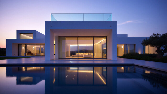 Modern luxury villa with swimming pool at twilight modern house real estate architecture