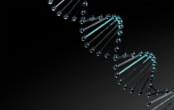 Futuristic Dark DNA Molecule Strand with Reflective Sphere Nodes and Blue Glow on Black Background