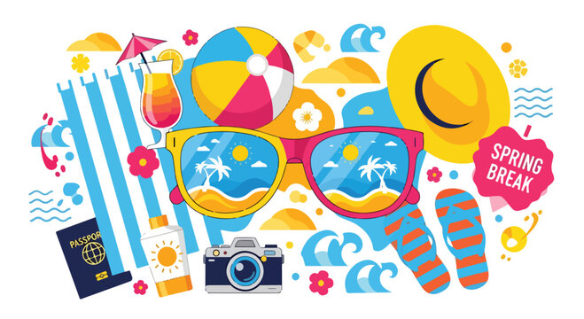 Colorful spring break illustration with sunglasses
