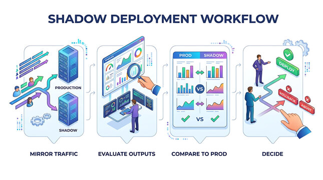 The shadow deployment workflow process is illustrated with four steps including mirror traffic evaluate outputs compare to prod and decide with a graphic style.