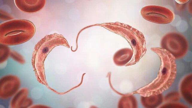 Trypanosoma brucei parasites, 3D animation showing slowly rotating flagellated protozoa with undulating membrane, illustrating African trypanosomiasis.