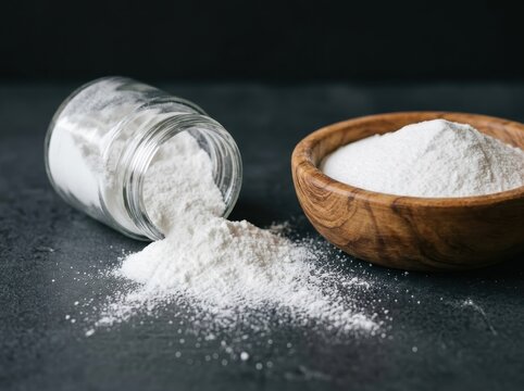 Fine white baking soda ingredient spilled from glass jar into wooden bowl for culinary preparation