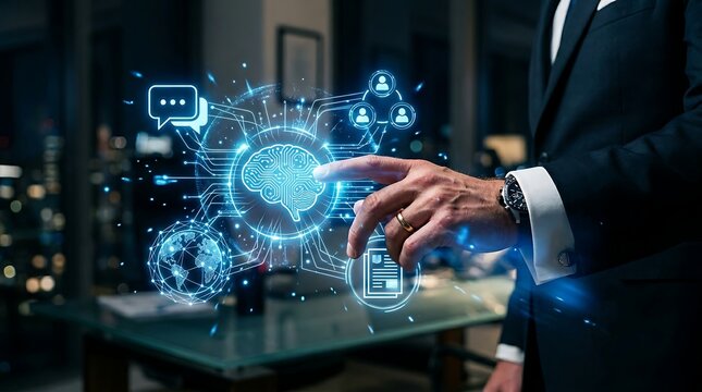 Businessman interacting with futuristic AI interface in modern office
