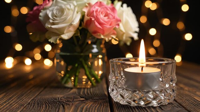 Candle and flowers on wooden table