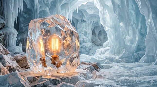 Illuminated light bulb frozen inside a rough block of ice within a glistening blue ice cave